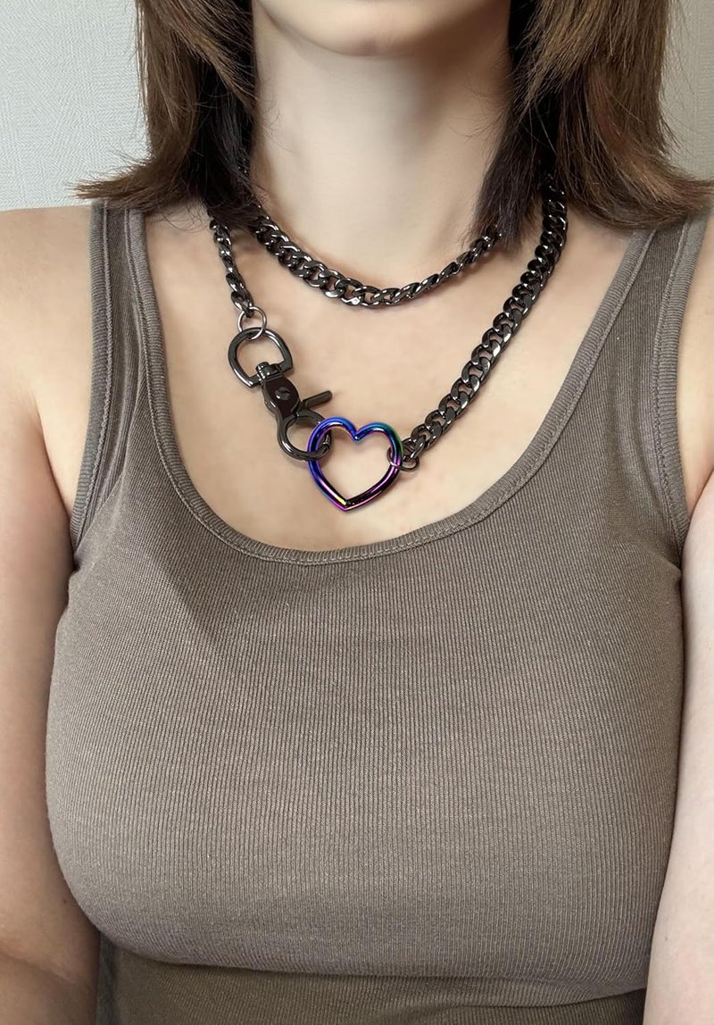 paloli Women's Slip Chain Rainbow Heart O-Ring Chunky Chain Necklace, Rays Cuban Long Layered Jewelry, Adjustable Lariat Y-Necklace Heart Loop Choker - Image 3
